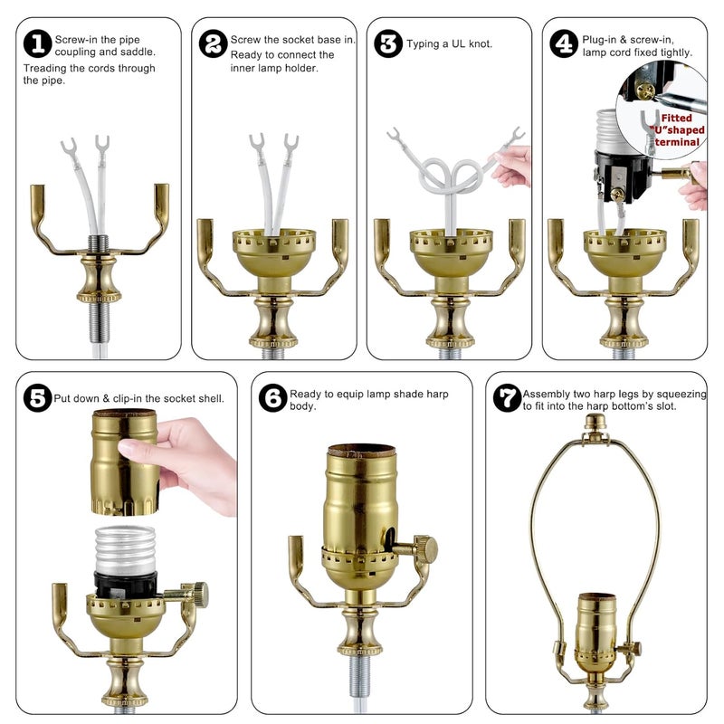 EMNOOTI Lamp Making Kit,Make a Lamp or Repair Kit,3-Way Lamp Socket with Matching Cord Lamp Harp Set,Lamp Wiring Kit for Table Floor Lamp,Essential Hardware for DIY Lamp Design or Repair (Gold, 1) - Image 3